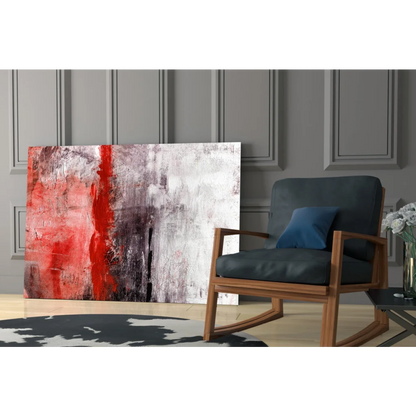 Bold red stripe abstract canvas wall art with gray and white brushstrokes