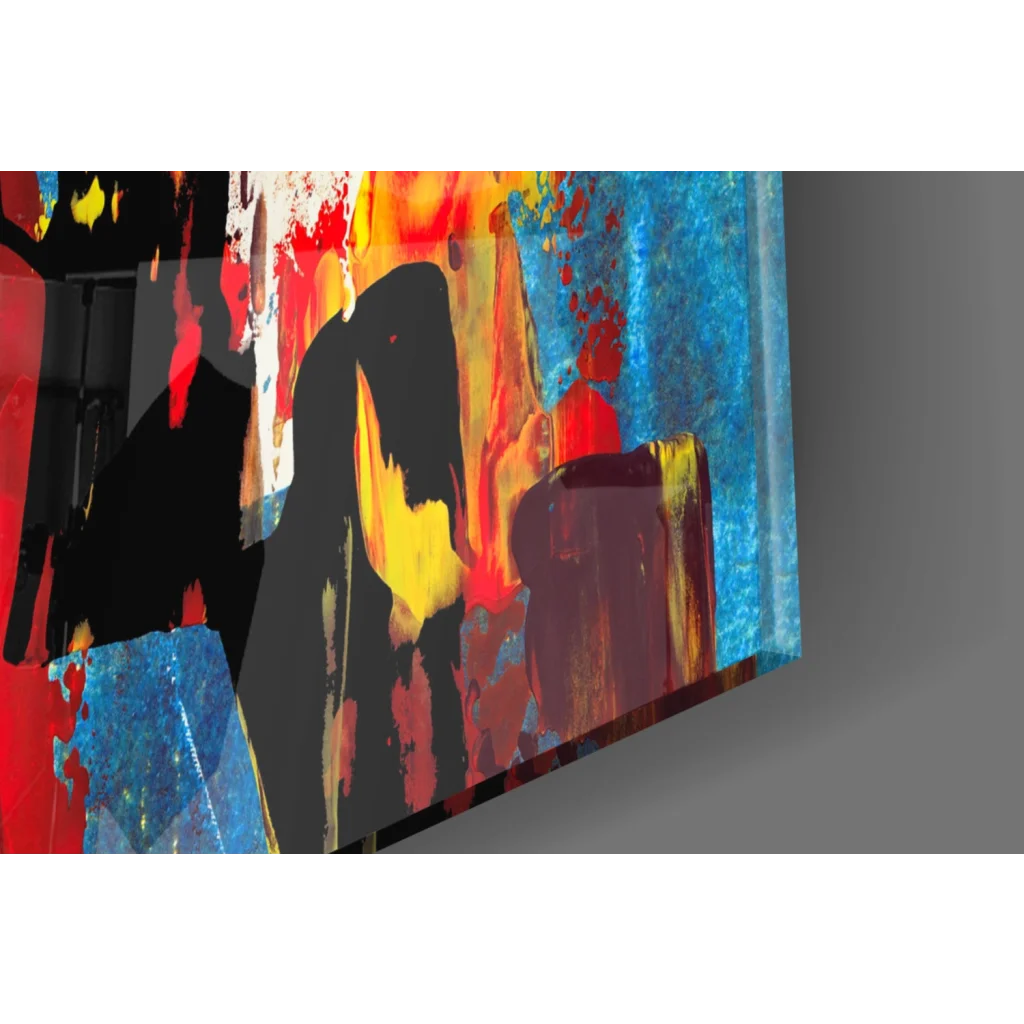 Vibrant premium tempered glass abstract wall art with bold red, orange, blue splashes and black silhouette