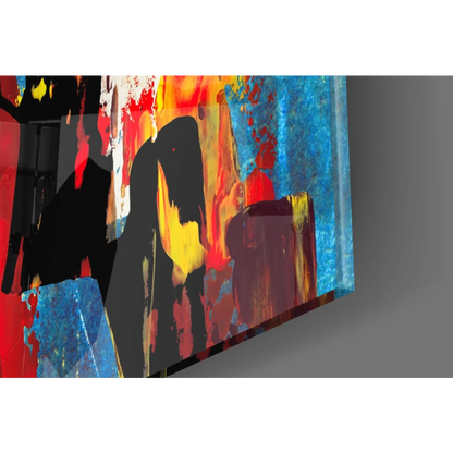 Vibrant premium tempered glass abstract wall art with bold red, orange, blue splashes and black silhouette