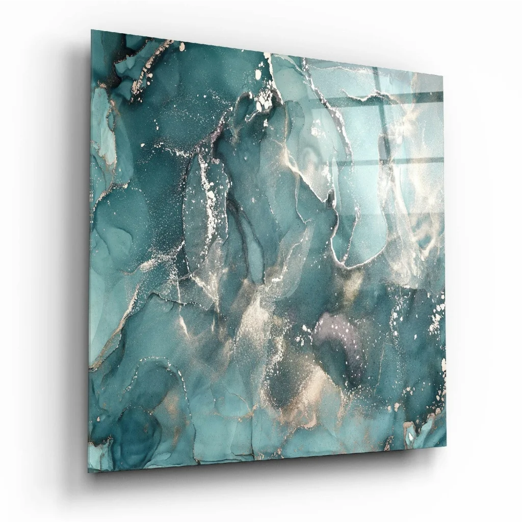 Teal and silver glass wall art with glossy marbled finish