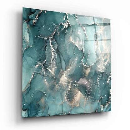 Teal and silver glass wall art with glossy marbled finish