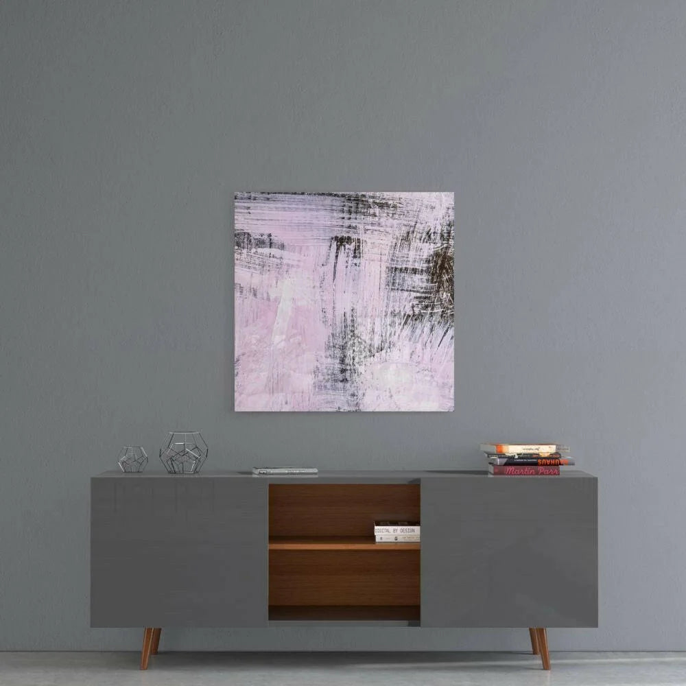 Modern lavender and black abstract wall art on canvas with vertical brushstrokes