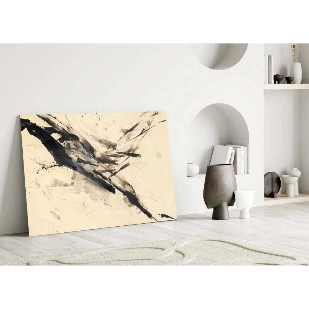 Bold abstract glass wall art with black brushstrokes on creamy background