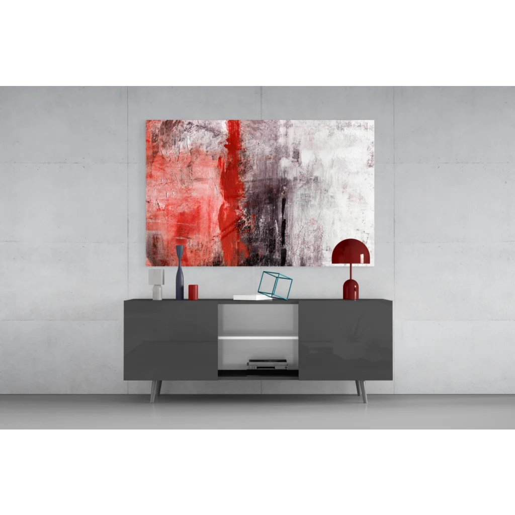 Bold red stripe abstract canvas wall art with gray and white brushstrokes