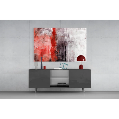Bold red stripe abstract canvas wall art with gray and white brushstrokes