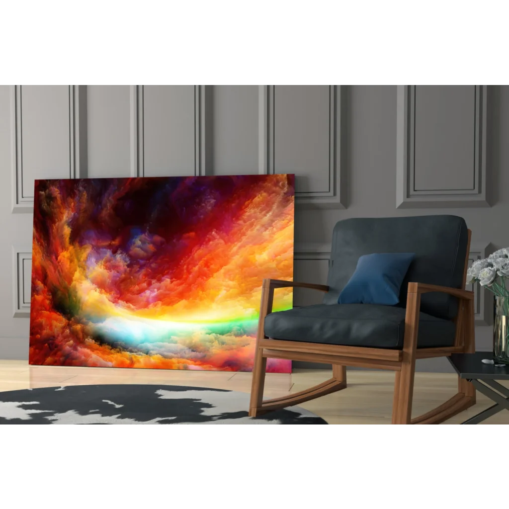 Stunning glass wall art of swirling nebulae in fiery reds and blues