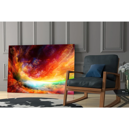 Stunning glass wall art of swirling nebulae in fiery reds and blues