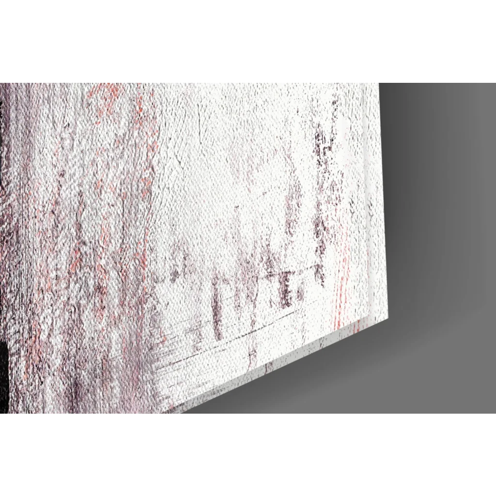 Distressed white canvas wall art with faded red and gray streaks