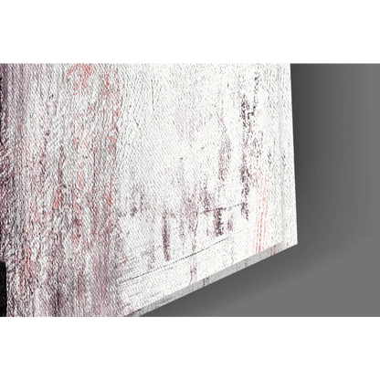Distressed white canvas wall art with faded red and gray streaks