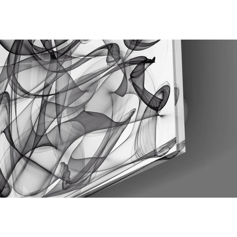 Modern black white smoke glass wall art panel with flowing lines