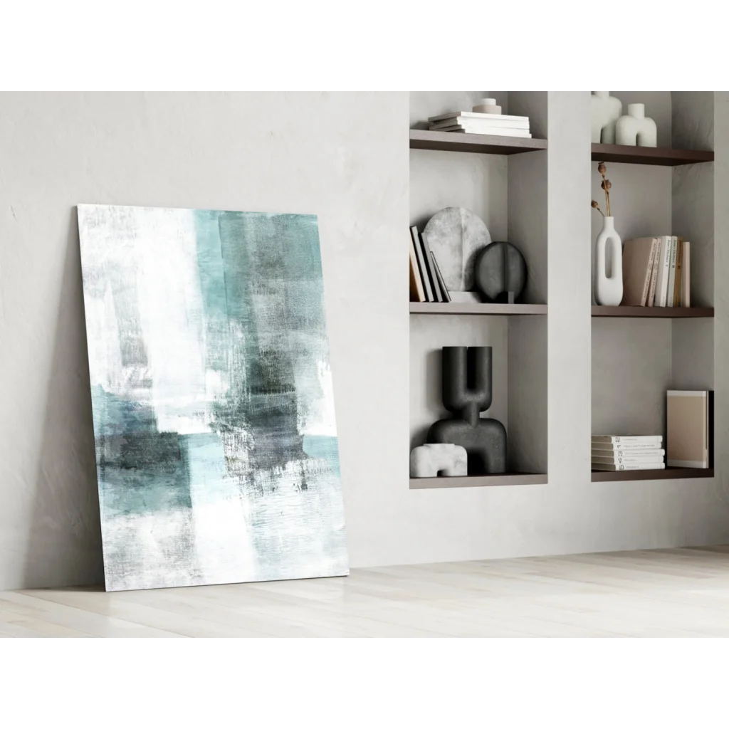 Teal abstract canvas wall art with textured brushstrokes leaning on minimalist wall