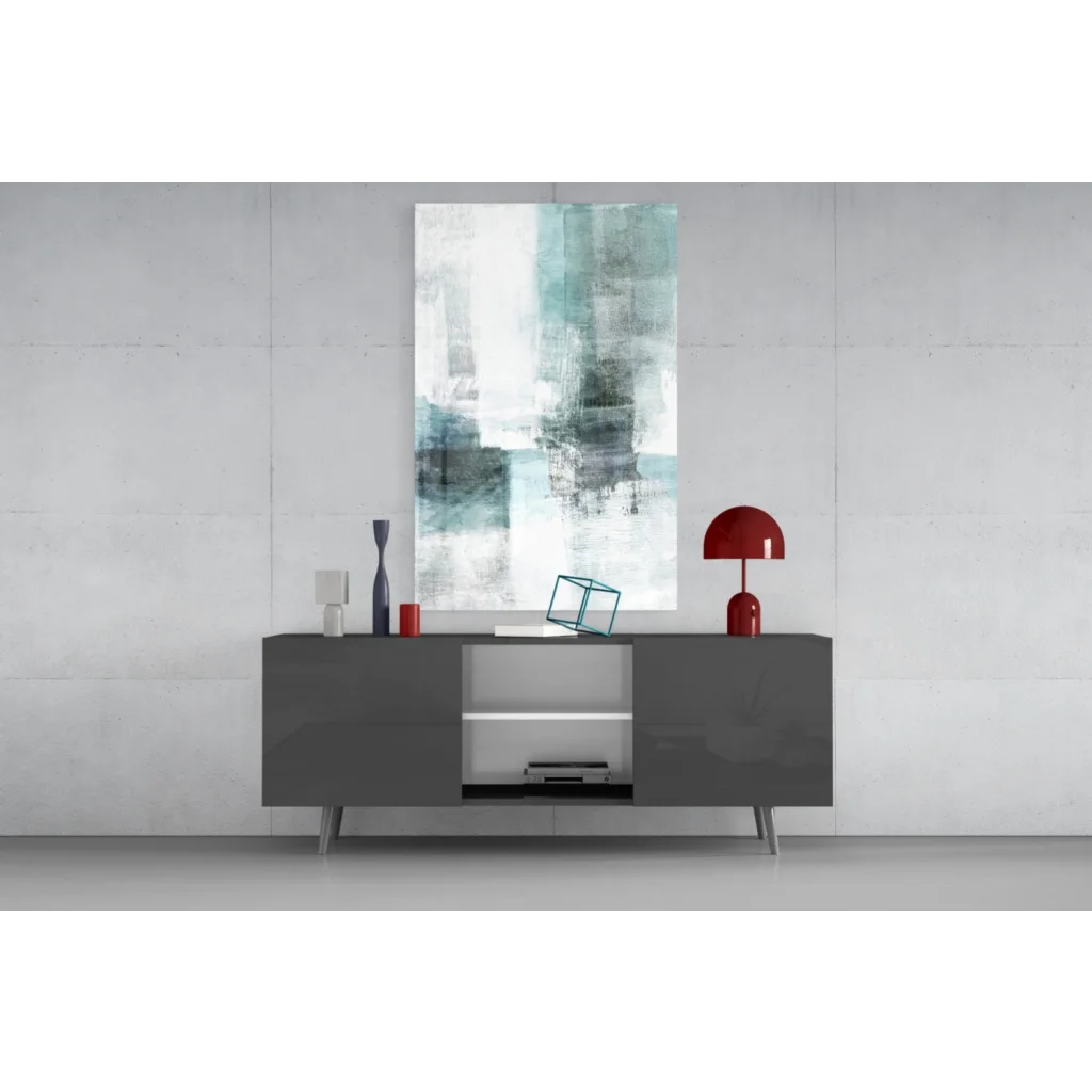 Teal abstract canvas wall art with textured brushstrokes above gray console