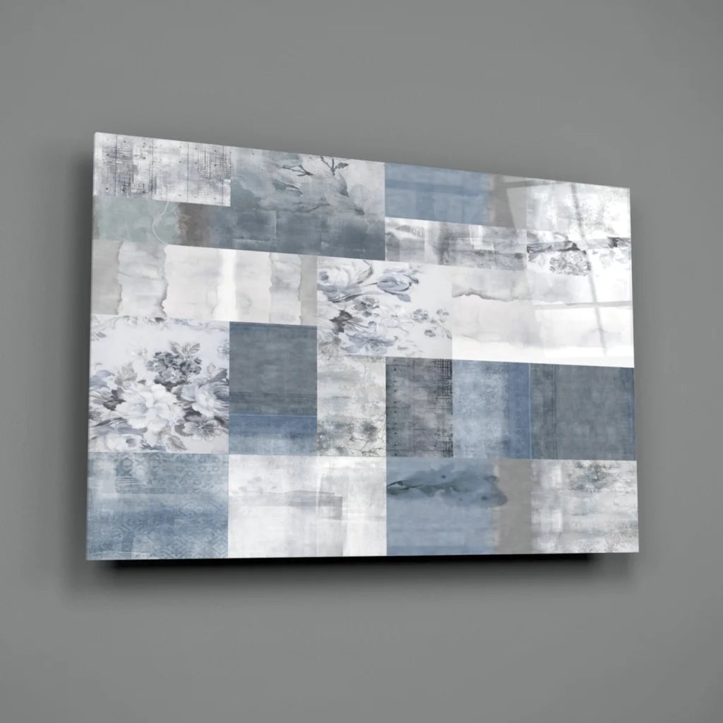 Serene blue floral patchwork wall art collage with patterns