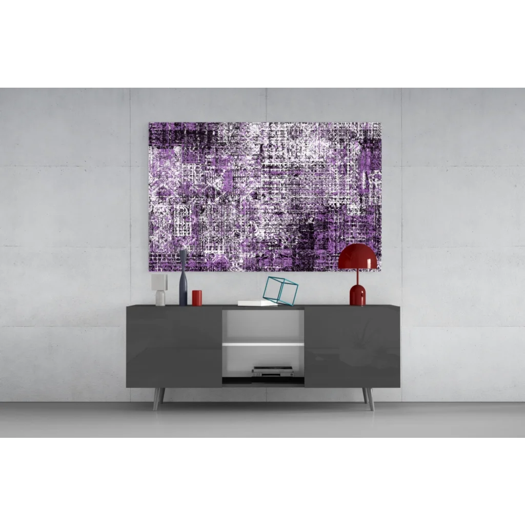 Purple abstract textured wall art with white accents on gray console