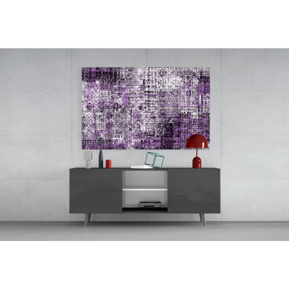 Purple abstract textured wall art with white accents on gray console