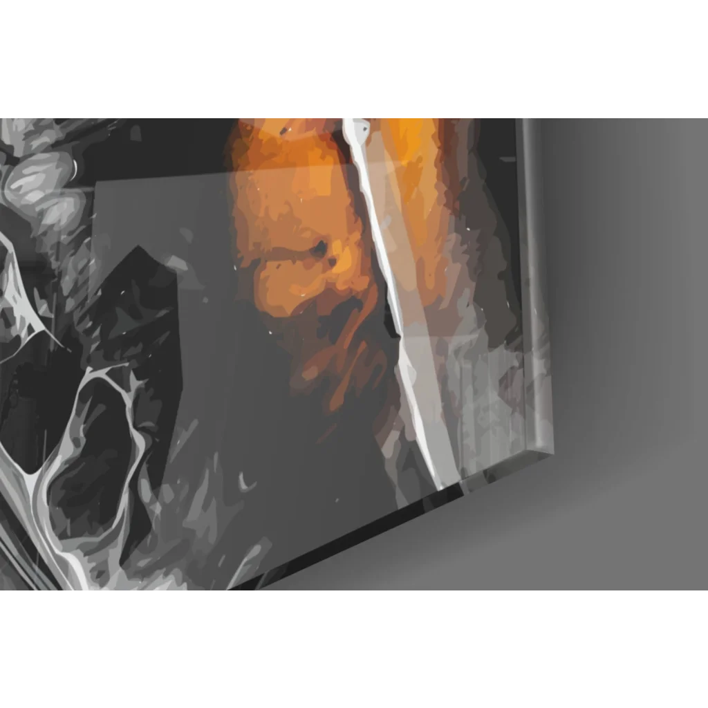 Fiery orange swirl abstract canvas wall art with bold black brushstrokes