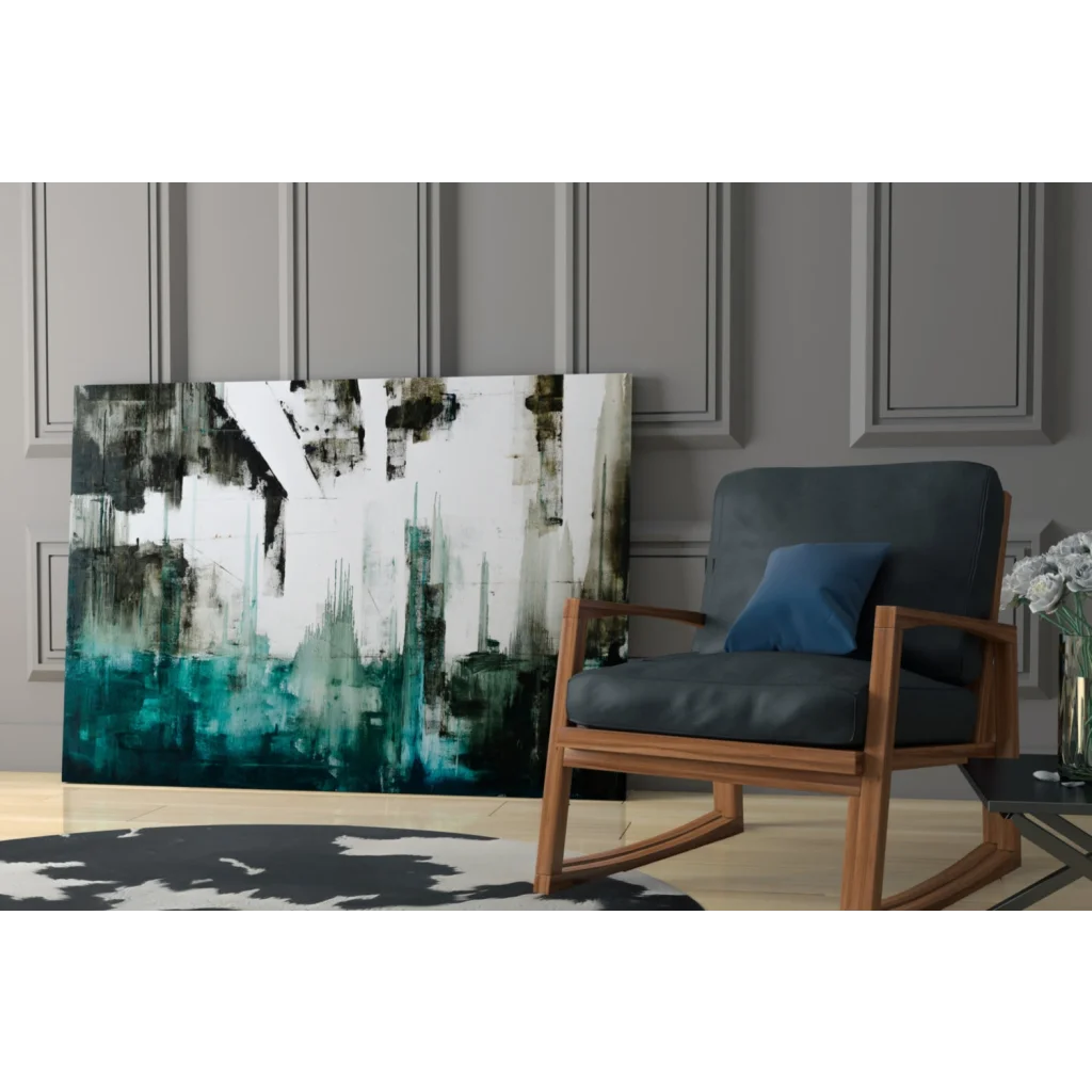 Bold teal and black abstract canvas wall art with striking brushstrokes