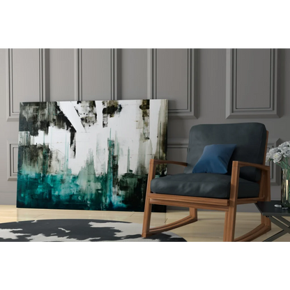 Bold teal and black abstract canvas wall art with striking brushstrokes