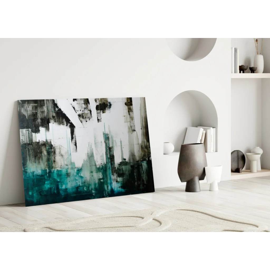 Bold teal and black abstract canvas wall art with striking brushstrokes