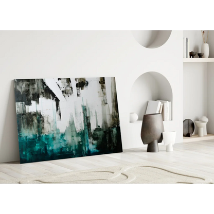 Bold teal and black abstract canvas wall art with striking brushstrokes