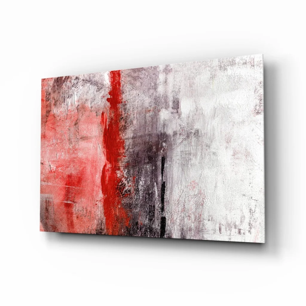 Bold red stripe abstract canvas wall art with textured white, gray, black background