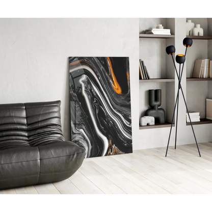 Swirling orange streaks on black and white marble abstract wall art canvas