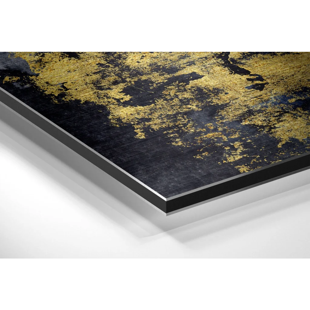 Black and gold abstract art on brushed aluminium dibond in sleek acrylic frame