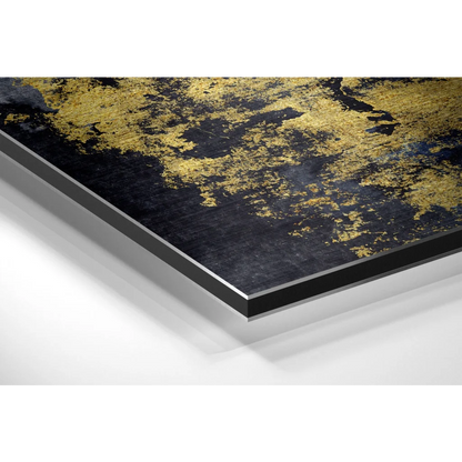 Black and gold abstract art on brushed aluminium dibond in sleek acrylic frame