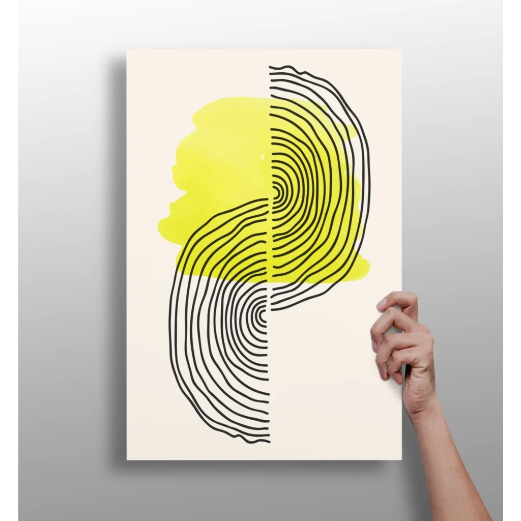 Bold concentric lines insigne aluminum print with yellow watercolor splashes