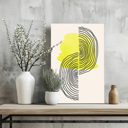 Bold yellow and black concentric lines insigne aluminum print on cream background