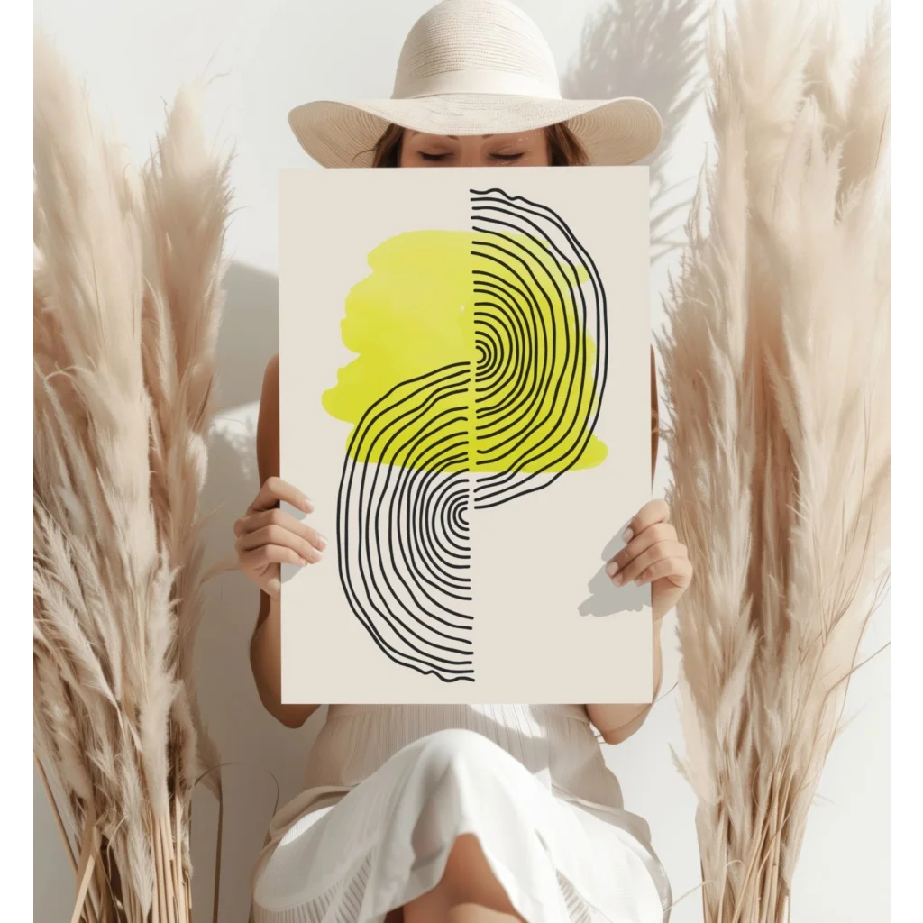 Bold yellow and black concentric lines on cream background, Insigne aluminum print