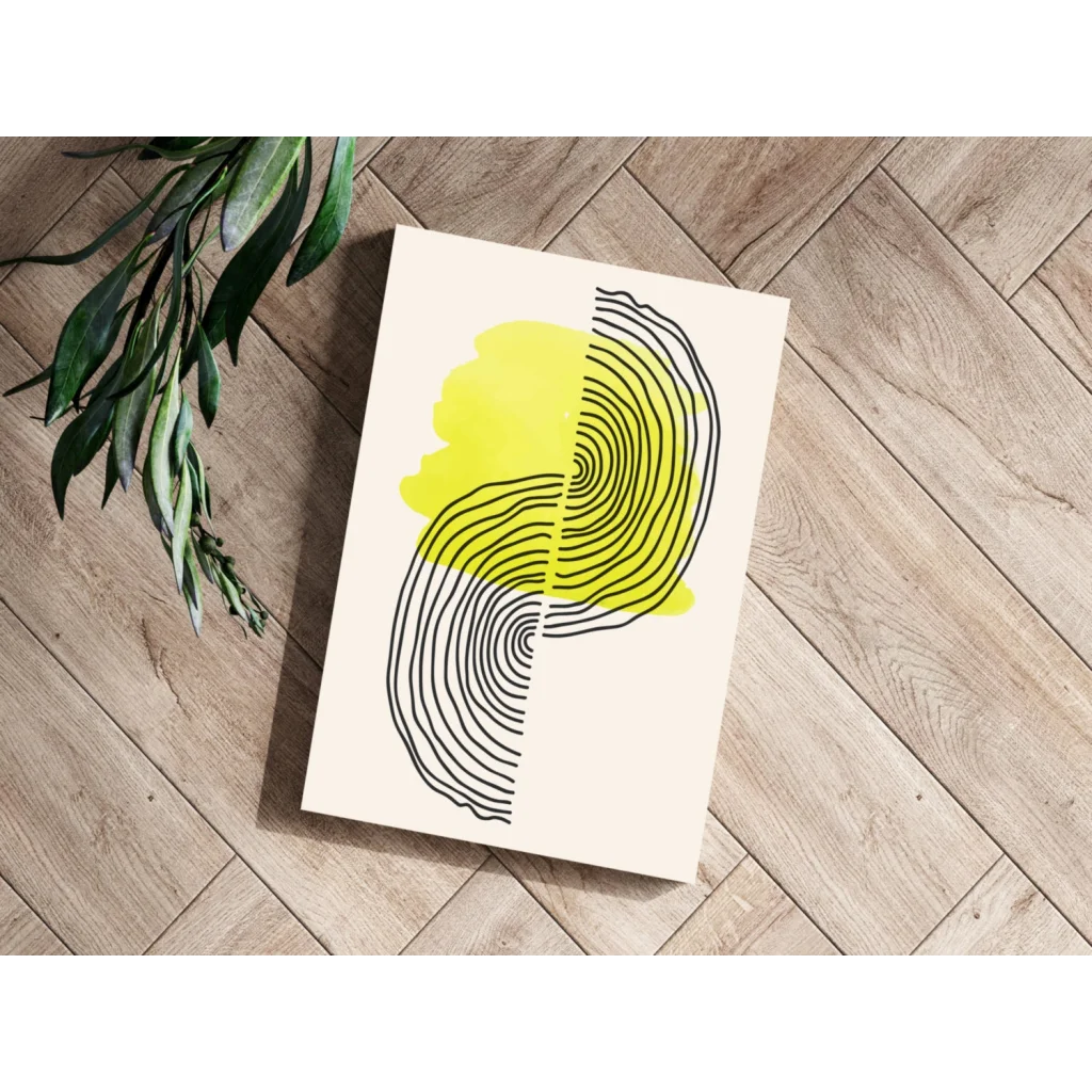 Bold yellow black concentric lines insigne aluminum print on cream background