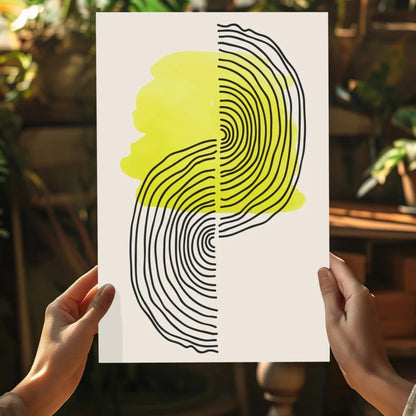 Bold concentric lines on insigne aluminum print, yellow and white split canvas