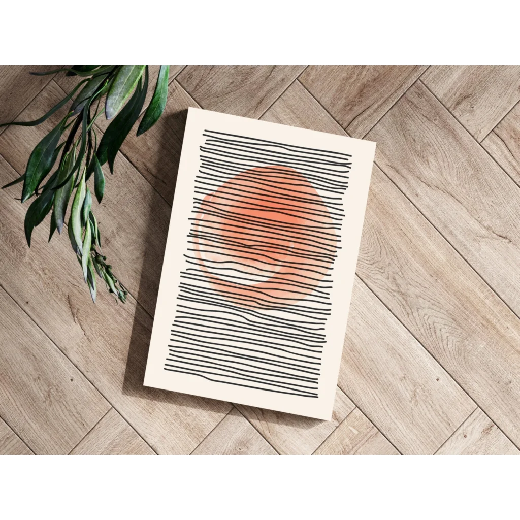 Cream-colored abstract insigne aluminum print with peach circle and bold black lines