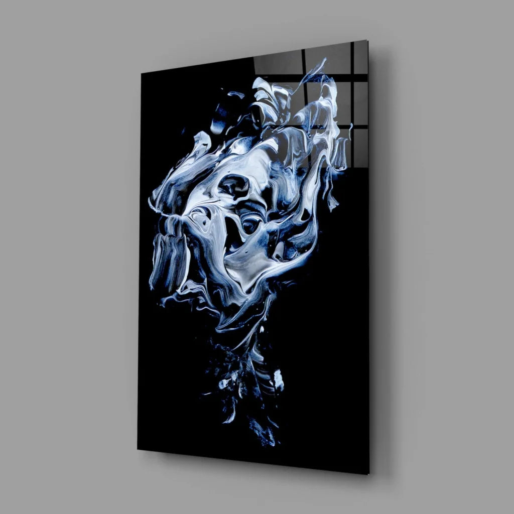 Mesmerizing swirl glass wall art with silver blue liquid patterns on black