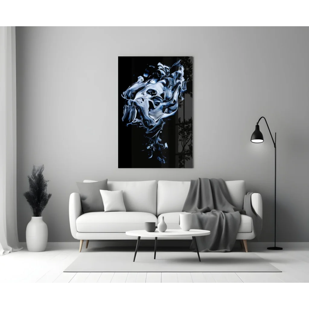 Striking silver and black glass wall art with swirling fluid forms