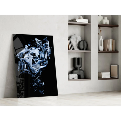 Striking silver and deep blue swirl glass wall art on black canvas