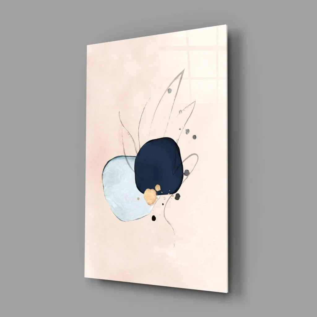 Modern navy blue abstract wall art canvas with gold accents on beige