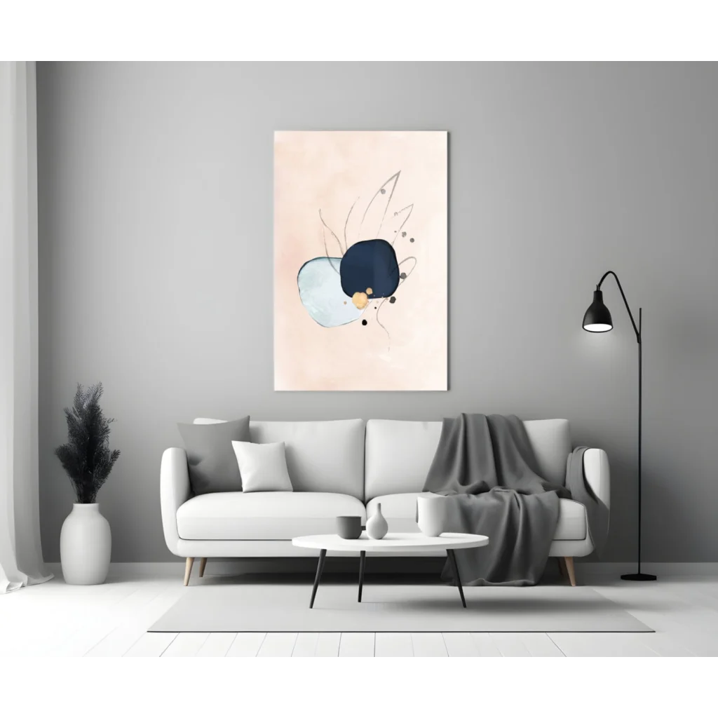 Navy blue abstract wall art canvas with gold accents and peach background