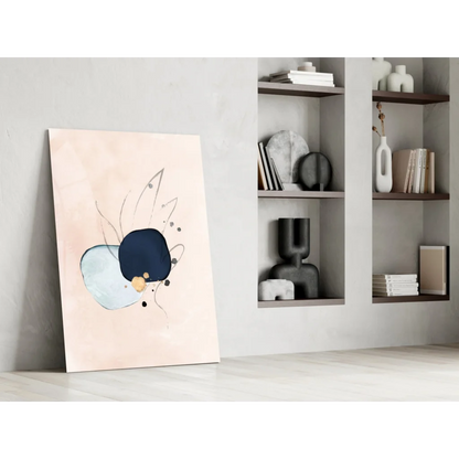 Modern navy blue abstract canvas wall art with gold accents and blue circles