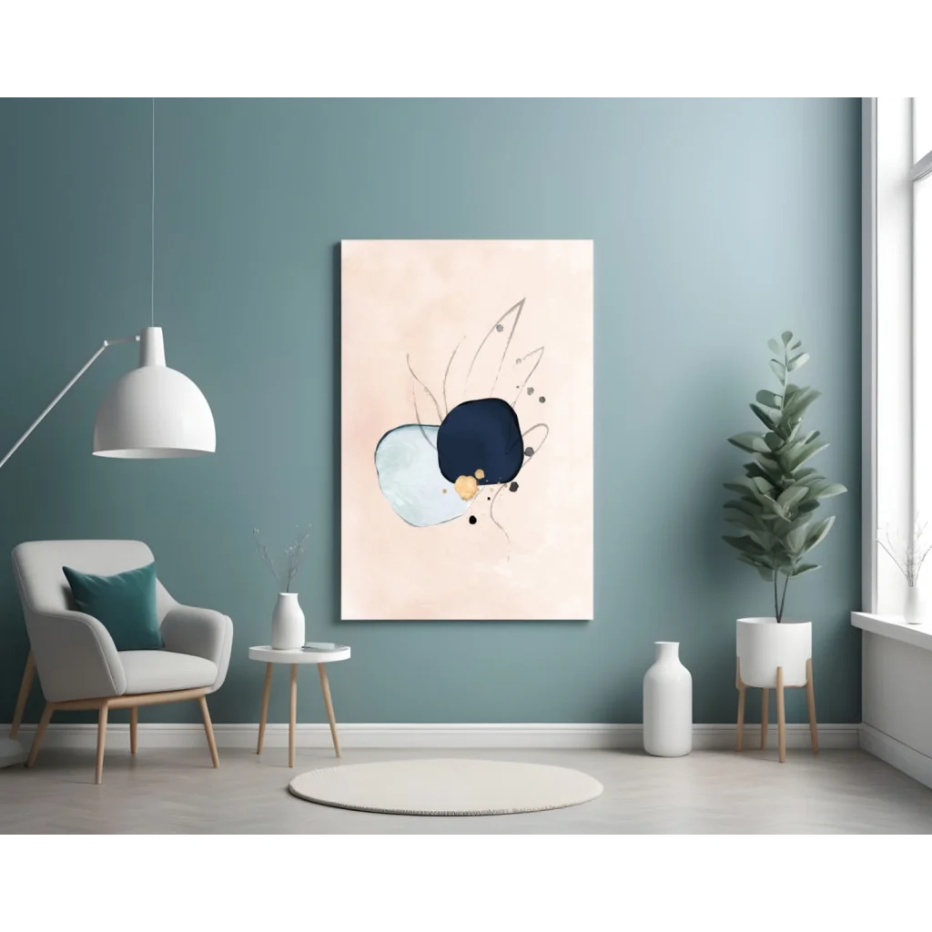 Navy blue abstract canvas wall art with gold accents on peach background