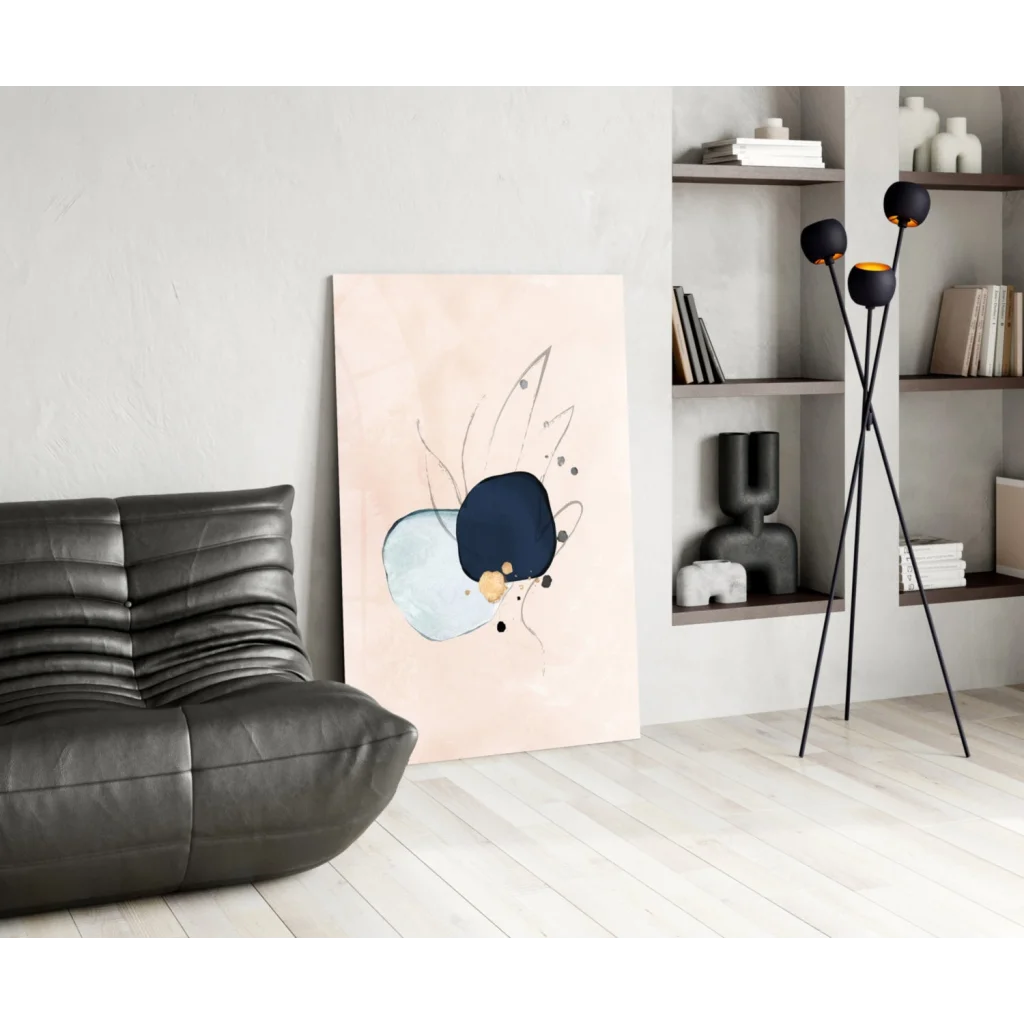 Navy blue abstract wall art canvas with gold accents on peach background