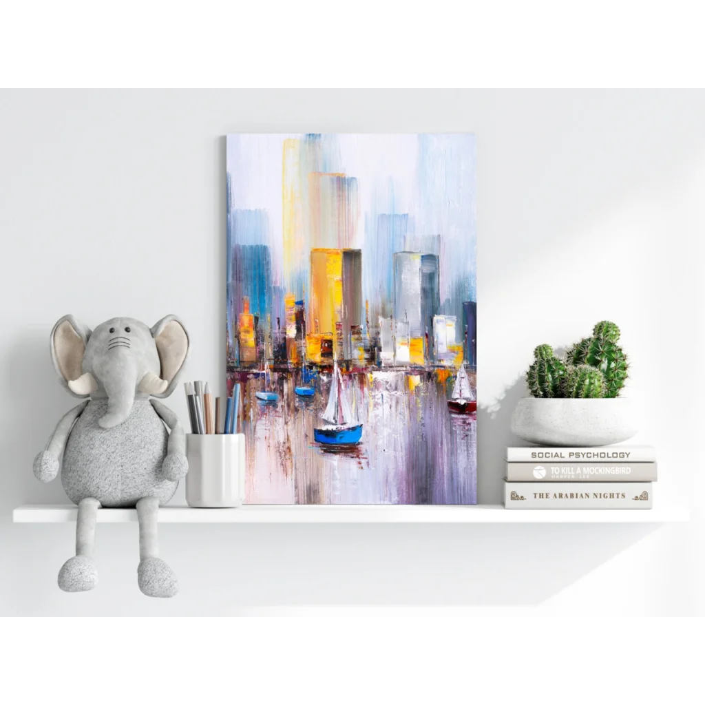 Insigne aluminum prints of abstract cityscape with yellow, blue sailboats