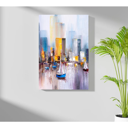 Insigne aluminum prints: abstract cityscape with sailboats in blue, yellow, white