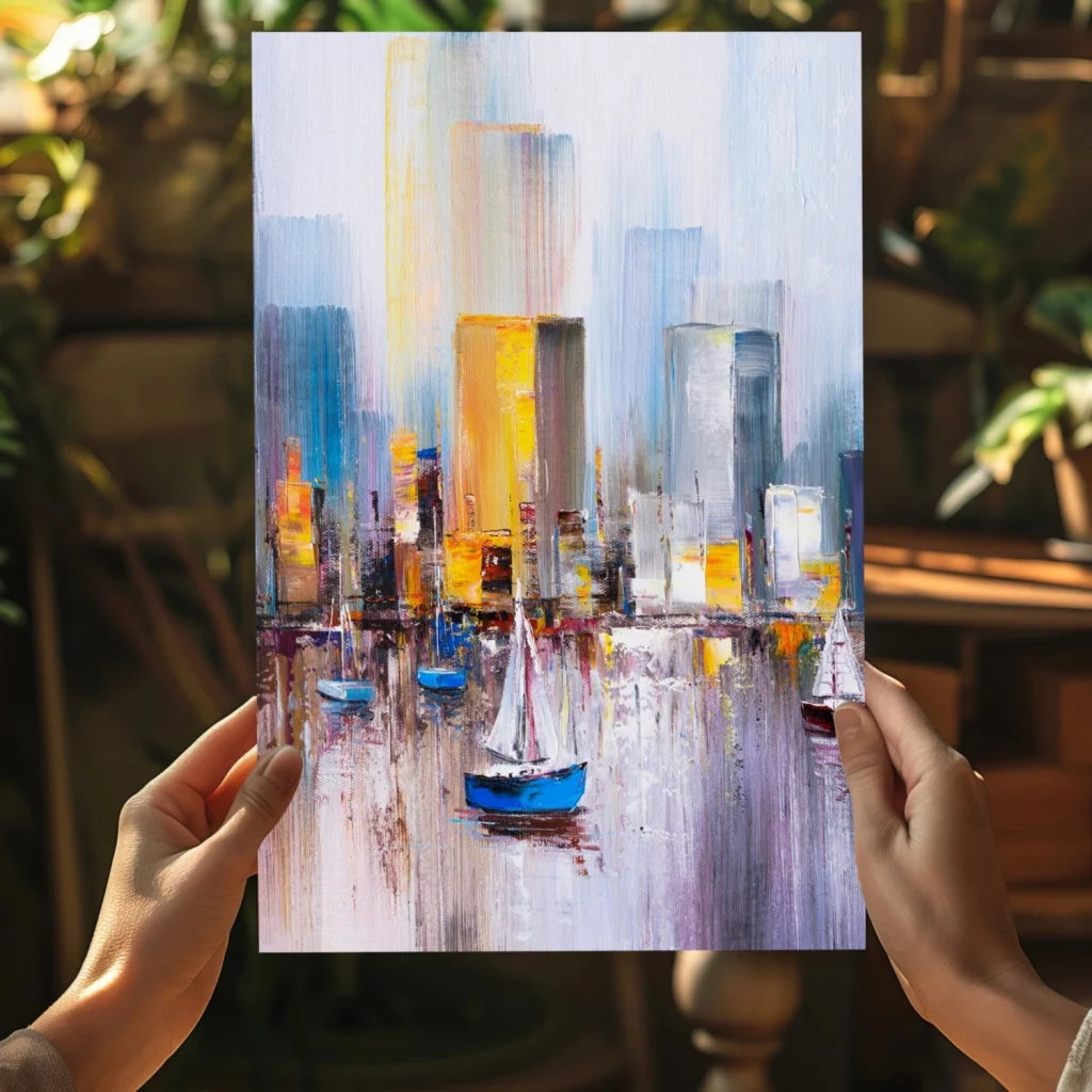 Abstract cityscape sailboat art on Insigne aluminum prints