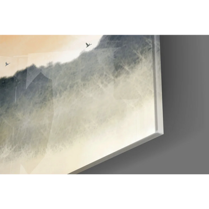 Sunset Mountains watercolor glass wall art with birds in flight