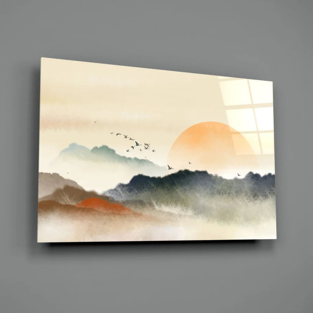 Sunset mountains watercolor glass wall art with layered peaks and birds
