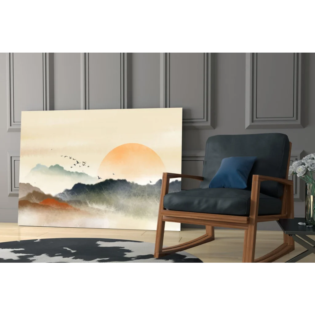 Serene sunset mountains watercolor on glass wall art