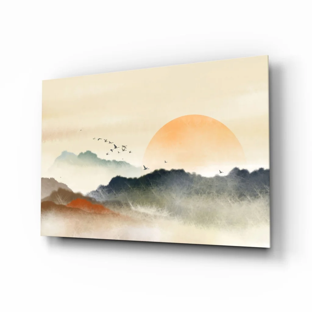 Sunset mountains watercolor glass wall art canvas print
