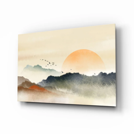 Sunset mountains watercolor glass wall art canvas print